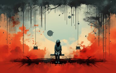 Illustrated concept of depression, abstract symbolism. Blank background