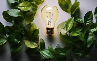 Light bulb with lush green leaves set against a clean backgroun. Flat lay, top view, copy space.