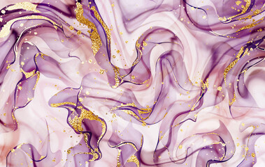 Abstract alcohol ink painting background texture with gold waves and splatter.