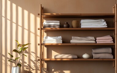 Obraz na płótnie Canvas Natural brown bamboo wood wardrobe, shelf in sunlight, shadow on blank beige fabric texture.
