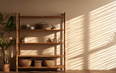 Natural brown bamboo wood wardrobe, shelf in sunlight, shadow on blank beige fabric texture.