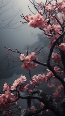sakura branches on the background of foggy hills.