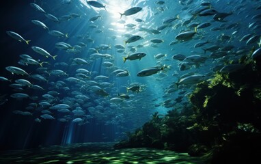 Fototapeta na wymiar School of fish swimming under water of sea.