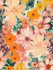 Fotobehang Watercolor style warm tone floral pattern background . Created with Generative AI technology © MITstudio
