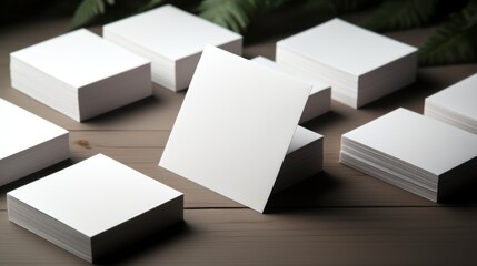 White blank business cards lie on a white clean table, mockup.