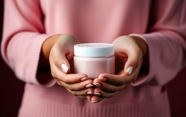 Woman hands holding blank cream product.