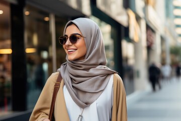 beautiful wealthy Arab woman wearing a hijab shopping around in downtown