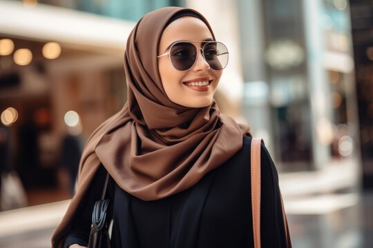 beautiful wealthy Arab woman wearing a hijab shopping around in downtown