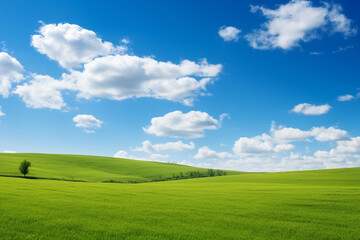 Fototapeta premium 青空と緑の丘陵地帯に広がる広大な草原03