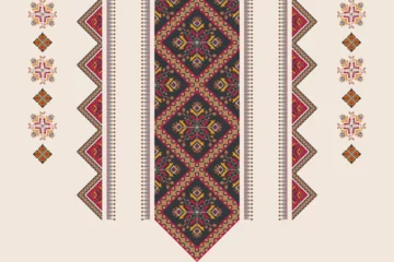 Fototapete Boho-Stil Ethnic cross stitch pattern. Ethnic neckline embroidery design. Vector geometric neckline traditional stitch pattern. Textile collar shirts fashion. Ethnic cloth ornaments colorful pixel art style.