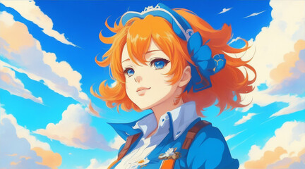 Photo a cartoon girl with orange hair and a blue sky with clouds and flowers by Generative AI