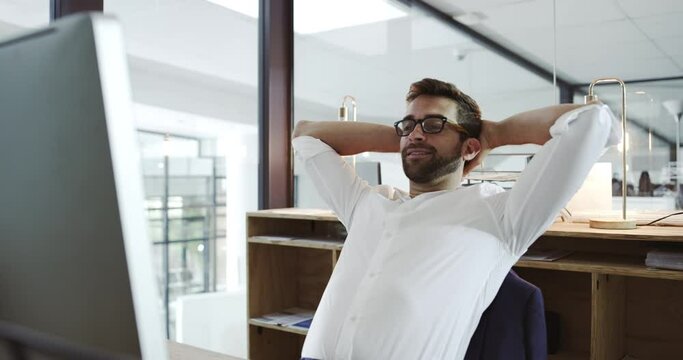 Happy man, computer and stretching in office to relax from easy project, deadline achievement and happiness at night. Business worker, hands behind head and finish target at desktop for productivity