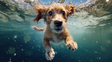 Cute Dog  swimming underwater