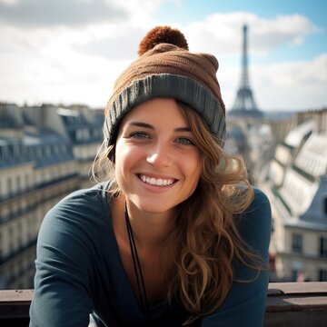 happy girl by the eiffel tower, generative ai