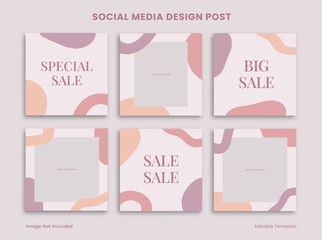 Set of Editable Cute Social Media Instagram Design Post Template Decorated with Blob Memphis Purple Pastel Frame Background. Suitable for Post, Advertising, Branding Product Beauty, Fashion, Cosmetic