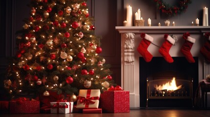 Beautiful red Christmas background with a decorated Christmas tree in the living room near the fireplace with lights and gifts. Generative AI