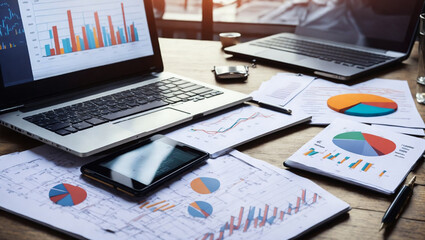 Business's desk is neatly organized, featuring a sleek corporate economic graph displayed on a large monitor, showcasing the company's financial performance.
