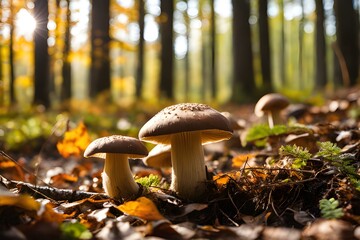 Captivating edible cep mushrooms spotted in a sunlit autumn forest - obrazy, fototapety, plakaty