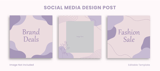 Set of 3 Editable Social Media Instagram Design Post Template Decorated with Purple Pastel and Floral Object. Suitable For Advertising, Promotion, Presentation, Seling Product Beauty Fashion, Cosmetic