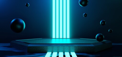 futuristic gaming esports background abstract wallpaper, cyberpunk style scifi game, stage concert scene in pedestal display room, led neon glow light, 3d illustration rendering © Kantapon