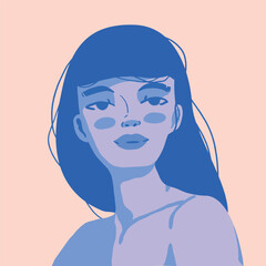 Female face with long hair, big eyes, full lips with lipstick, monochrome artwork on blue. vector art on isolated background