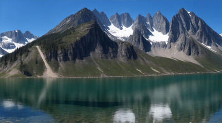 Fototapeta na wymiar A mountain lake with mountains in the background by Generative AI