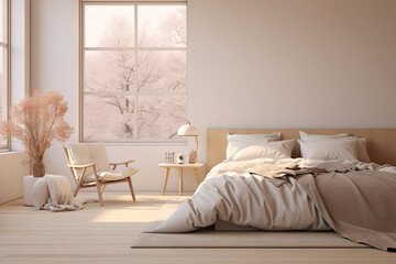 Cozy beige of modern interior bedroom design, decorate with luxury large bed, vase and glass window with natural light cast and shadow, with Generative Ai