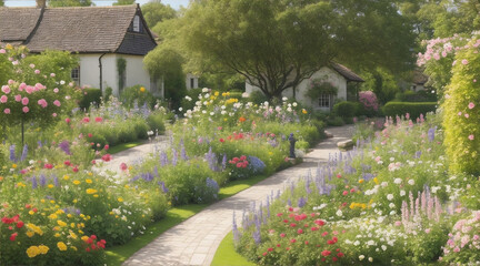 A path through a garden with flowers and a house in the background by Generative AI
