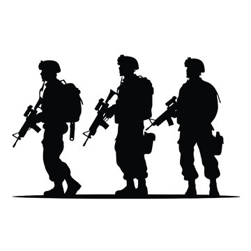 Silhouettes of three soldiers fighting as a team, editable vector isolated 