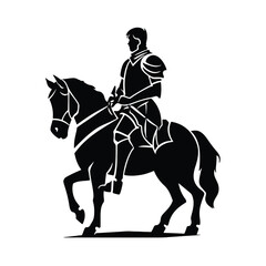Medieval armed knight riding a horse, military character, silhouette vector illustration.