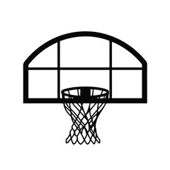 Basketball hoop and net, equipment for basket ball court. Play sport game, vector silhouette isolated on white background. 