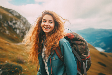 Young girl walking on mountain top with backpack smiling towards the camera