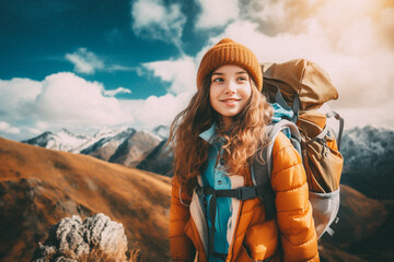 Fototapeta na wymiar Young girl walking on mountain top with backpack smiling towards the camera