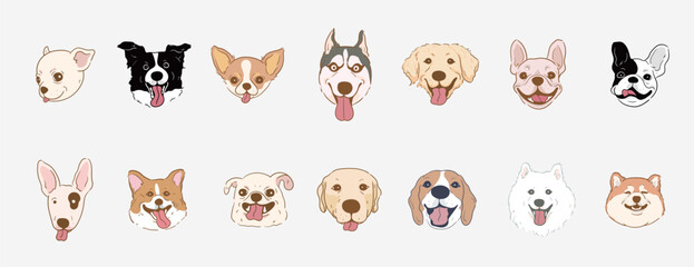 Dog face head set ,dog breeds portraits collection isolated	