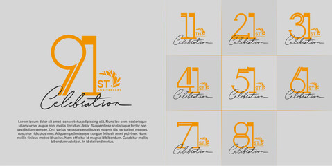 set of anniversary logotype orange color with ornament and handwriting for special celebration event