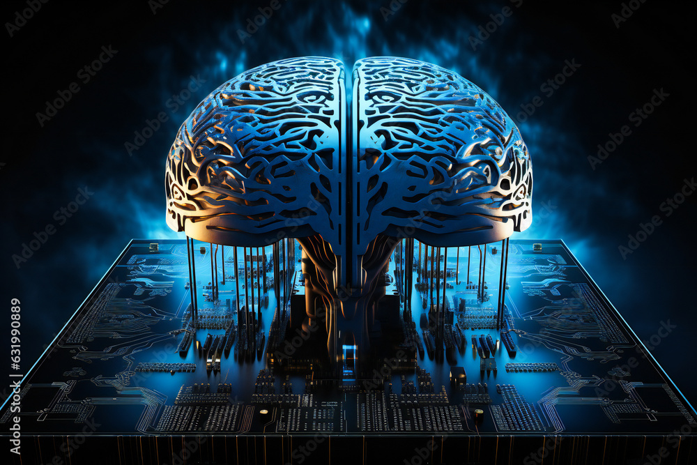 Aufkleber stylized brain over computer circuit. brain linked to computer and artificial intelligence concept.