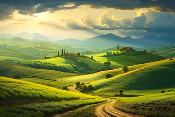 Fototapeta premium Rural landscape in summer. Peaceful green hills, a country road and blue sky.