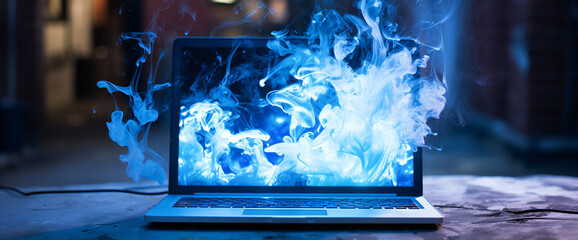 Smoke, steam or paint 3d shapes coming out of a laptop screen. Surreal fantasy illustration.