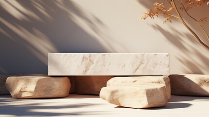 White pieces of stone slabs forming a product podium for product display. Mock-up for exhibitions or presentation of cosmetic products or packaging