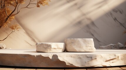 White pieces of stone slabs forming a product podium for product display. Mock-up for exhibitions or presentation of cosmetic products or packaging