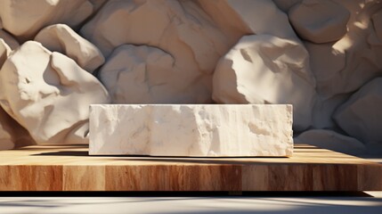 White pieces of stone slabs forming a product podium for product display. Mock-up for exhibitions or presentation of cosmetic products or packaging