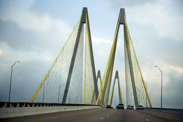 Large yellow cable-stayed bridge near Baytown Texas USA