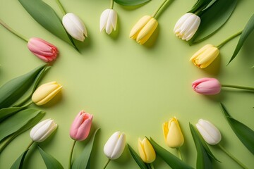 Spring holidays concept. Top view photo of pink yellow and white tulips on isolated light green background with copyspace in the middle, Generative AI