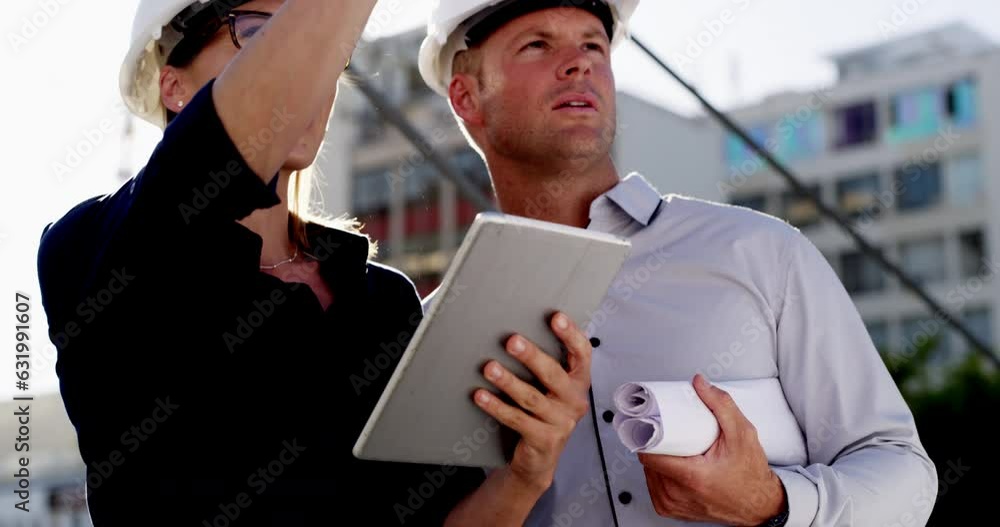 Poster civil engineering, architecture and tablet of team in city for project management, building developm