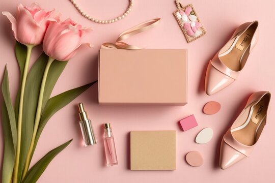 Women's Day concept. Top view photo of giftbox tulips beige high heel shoes envelope with postcard bijouterie necklace cosmetic brushes and perfume bottle on isolated pastel pink, Generative AI