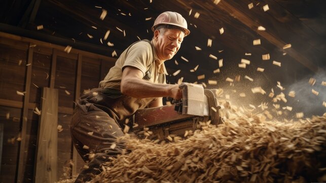A sawmill worker in action, flying wood chips