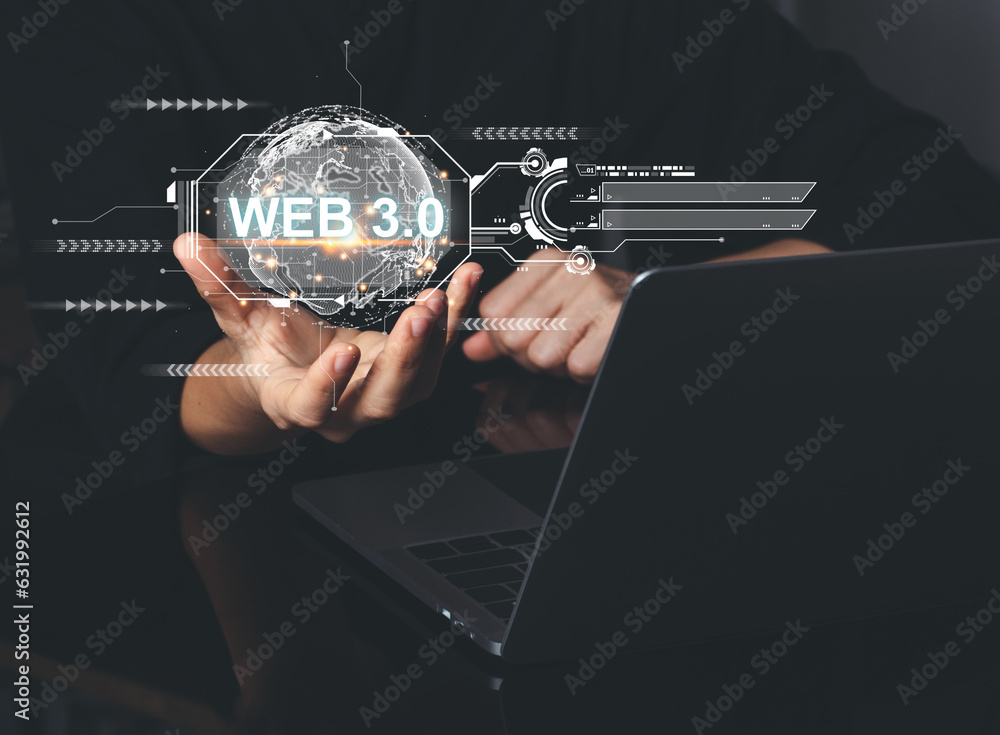 Poster web 3.0 concept image with businessman hand show web 3.0 with globe. technology global network, bloc