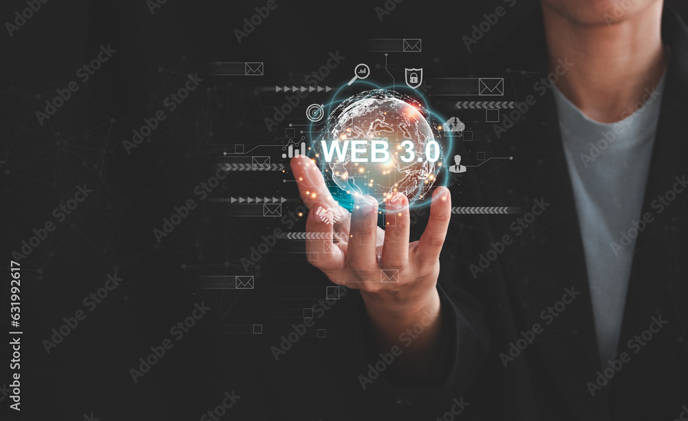 Poster web 3.0 concept image with businessman hand show web 3.0 with globe. technology global network, bloc