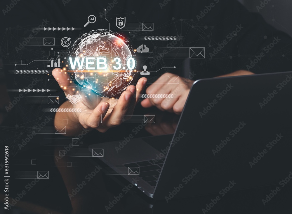 Poster web 3.0 concept image with businessman hand show web 3.0 with globe. technology global network, bloc