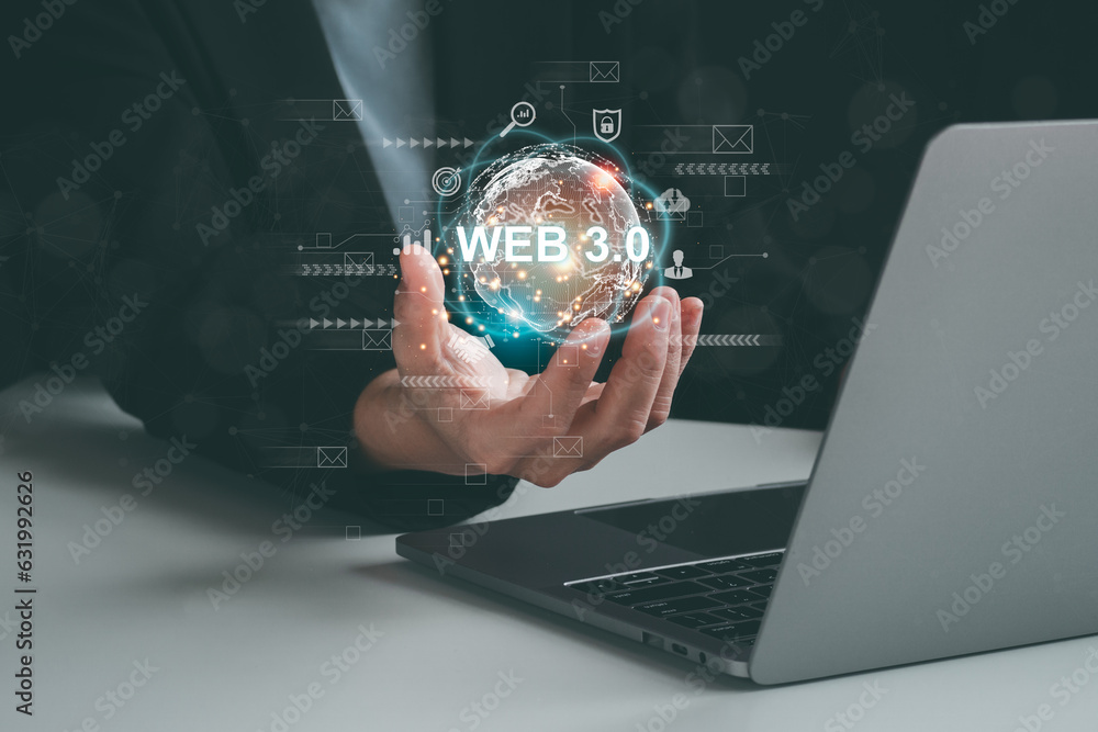 Poster web 3.0 concept image with businessman hand show web 3.0 with globe. technology global network, bloc